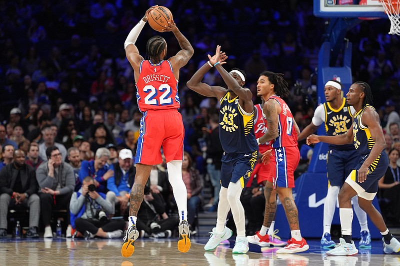 Mar 14, 2025; Philadelphia, Pennsylvania, USA; Philadelphia 76ers forward Oshae Brissett (22) shoots the ball against the Indiana Pacers in the third quarter at Wells Fargo Center. Mandatory Credit: Kyle Ross-Imagn Images