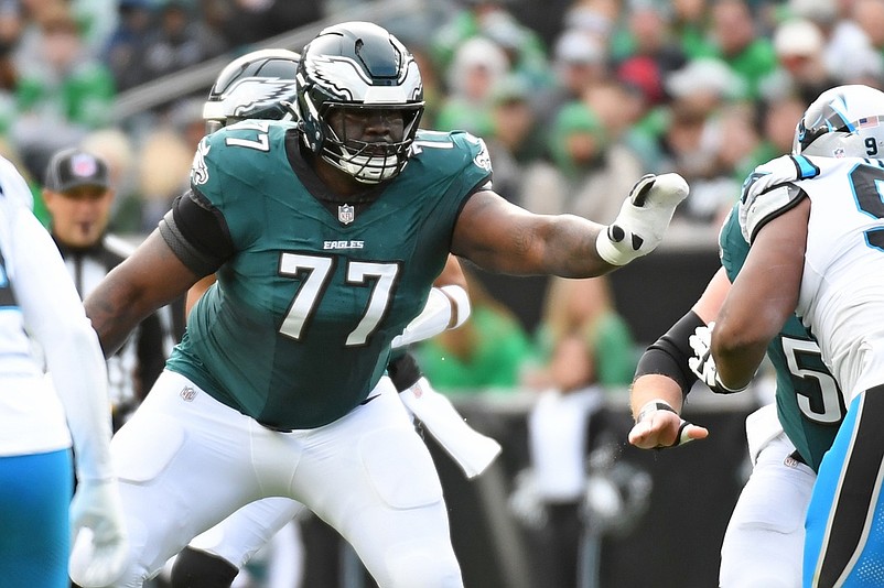 Dec 8, 2024; Philadelphia, Pennsylvania, USA; Philadelphia Eagles offensive tackle Mekhi Becton (77) against the Carolina Panthers at Lincoln Financial Field. Mandatory Credit: Eric Hartline-Imagn Images