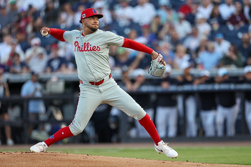 Mar 14, 2025; Tampa, Florida, USA; Philadelphia Phillies pitcher Taijuan Walker (99) throws a pitch against the New York Yankees in the first inning during spring training at George M. Steinbrenner Field. Mandatory Credit: Nathan Ray Seebeck-Imagn Images