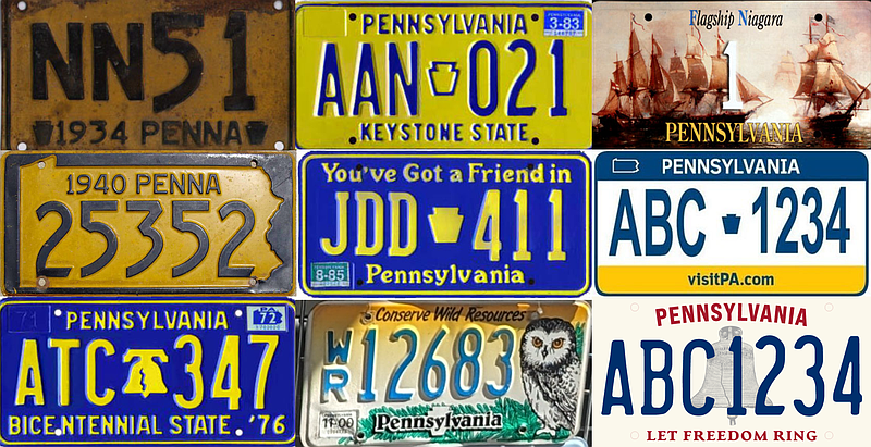 Pennsylvania license plates — some standard-issue, some optional — through the years. (Credit: Collage by Asha Prihar/Wikimedia and Commonwealth of Pennsylvania)