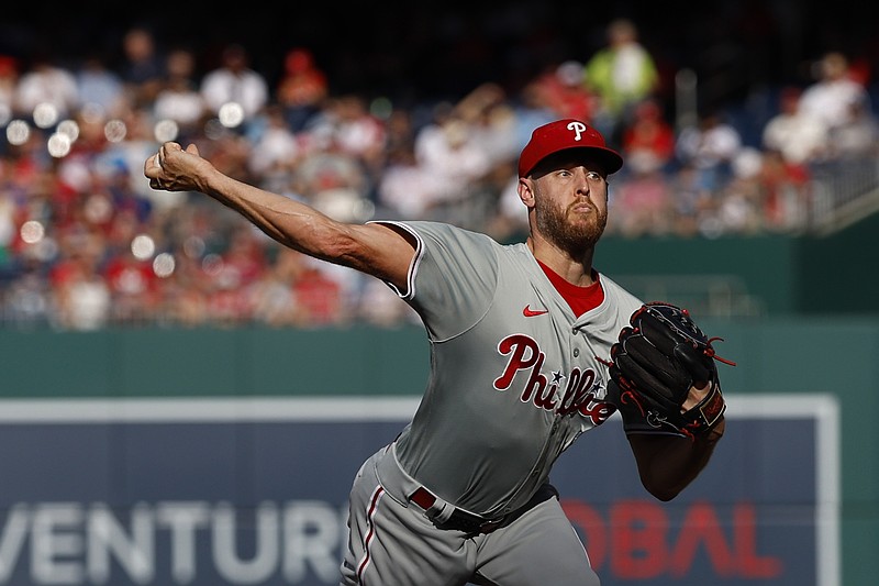 Sep 28, 2024; Washington, District of Columbia, USA; Philadelphia Phillies starting pitcher Zack Wheeler (45) pitches against the Washington Nationals during the first inning at Nationals Park. Mandatory Credit: Geoff Burke-Imagn Images