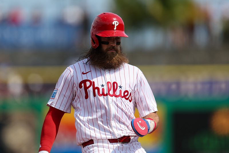 Mar 8, 2025; Clearwater, Florida, USA; Philadelphia Phillies outfielder Brandon Marsh (16) reaches third base against the Toronto Blue Jays in the second inning during spring training at BayCare Ballpark. Mandatory Credit: Nathan Ray Seebeck-Imagn Images