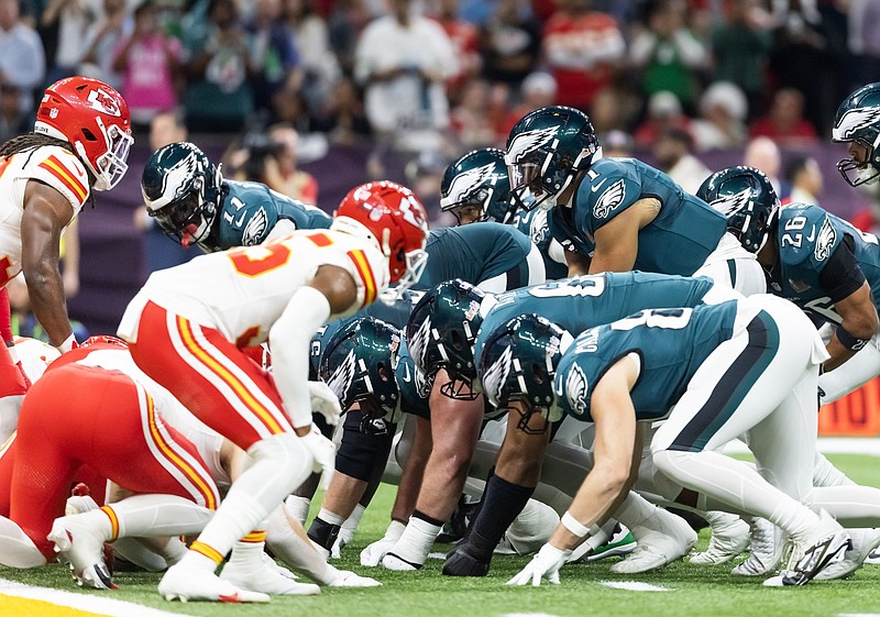 Feb 9, 2025; New Orleans, LA, USA; Philadelphia Eagles  quarterback Jalen Hurts (1) lines up for the tush push play on the goal line against the Kansas City Chiefs during Super Bowl LIX at Ceasars Superdome. Mandatory Credit: Mark J. Rebilas-Imagn Images