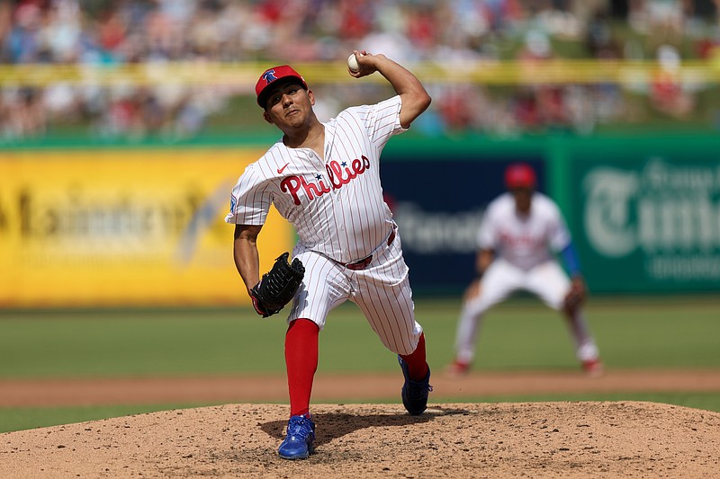 Mar 4, 2025; Clearwater, Florida, USA; Philadelphia Phillies pitcher Ranger Suarez (55) throws a pitch against the New York Yankees in the fifth inning during spring training at BayCare Ballpark. Mandatory Credit: Nathan Ray Seebeck-Imagn Images