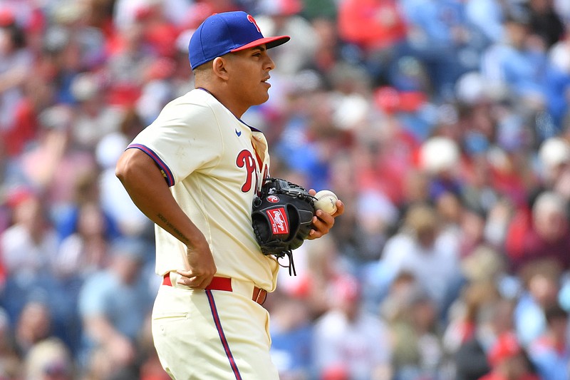 Mar 31, 2024; Philadelphia, Pennsylvania, USA; Philadelphia Phillies starting pitcher Ranger Suarez (55) reacts after allowing two run home run against the Atlanta Braves during the first inning at Citizens Bank Park. Mandatory Credit: Eric Hartline-USA TODAY Sports