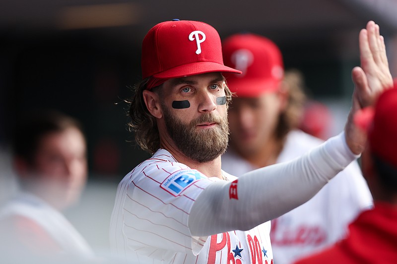 Aug 14, 2024; Philadelphia, Pennsylvania, USA; Philadelphia Phillies first base Bryce Harper (3) during a game against the Miami Marlins at Citizens Bank Park. Mandatory Credit: Bill Streicher-USA TODAY Sports