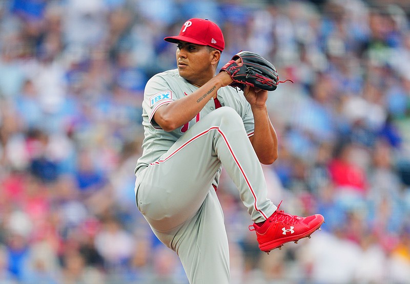 Aug 24, 2024; Kansas City, Missouri, USA; Philadelphia Phillies starting pitcher Ranger Suarez (55) pitches during the first inning against the Kansas City Royals at Kauffman Stadium. Mandatory Credit: Jay Biggerstaff-USA TODAY Sports