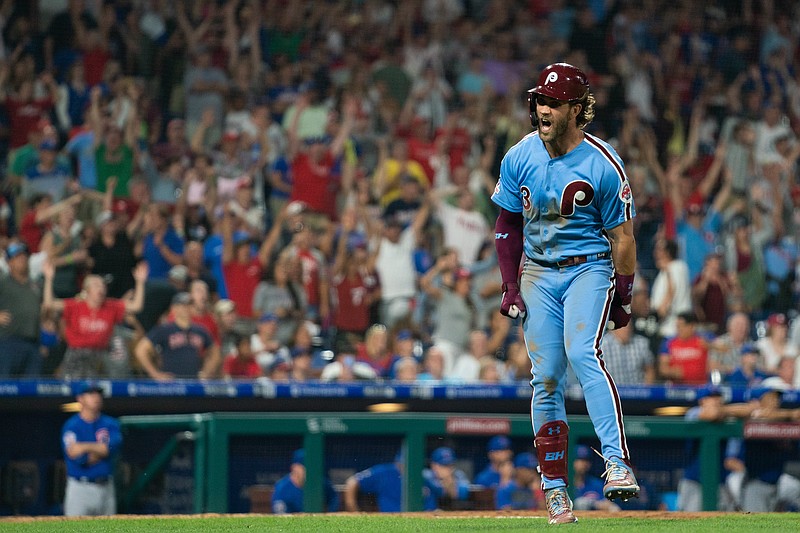 Aug 15, 2019; Philadelphia, PA, USA; Philadelphia Phillies right fielder Bryce Harper (3) reacts after hitting a walk-off grand slam home run in the ninth inning against the Chicago Cubs at Citizens Bank Park. Mandatory Credit: Bill Streicher-USA TODAY Sports