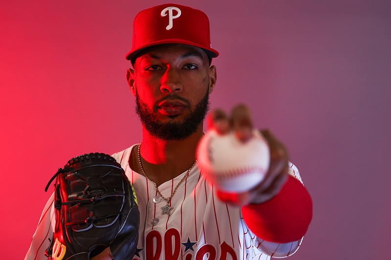 Feb 20, 2025; Clearwater, FL, USA; Philadelphia Phillies pitcher Cristopher Sanchez (61) participates in media day at BayCare Ballpark. Mandatory Credit: Nathan Ray Seebeck-Imagn Images