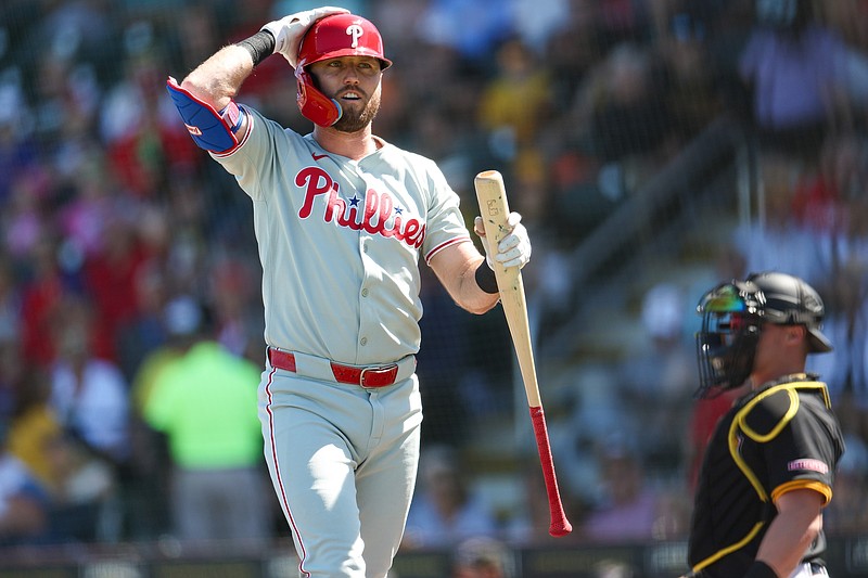 Mar 7, 2025; Bradenton, Florida, USA; Philadelphia Phillies third baseman Kody Clemens (2) reacts after striking out against the Pittsburgh Pirates in the third inning during spring training at LECOM Park. Mandatory Credit: Nathan Ray Seebeck-Imagn Images