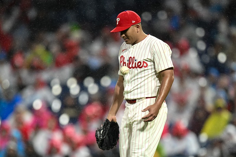 May 4, 2024; Philadelphia, Pennsylvania, USA; Philadelphia Phillies pitcher Ranger Suarez (55) reacts during the fourth inning against the San Francisco Giants at Citizens Bank Park. Mandatory Credit: John Jones-USA TODAY Sports