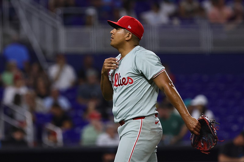 May 10, 2024; Miami, Florida, USA; Philadelphia Phillies starting pitcher Ranger Suarez (55) looks on against the Miami Marlins during the third inning at loanDepot Park. Mandatory Credit: Sam Navarro-USA TODAY Sports