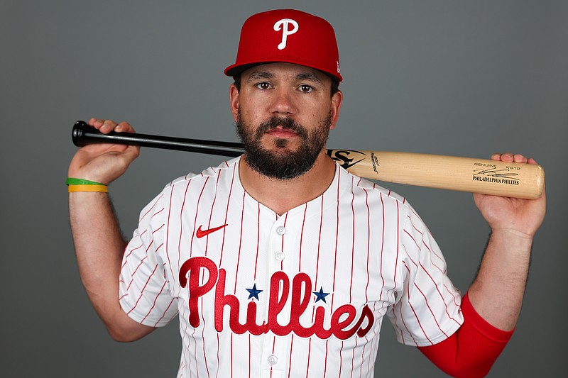 Feb 20, 2025; Clearwater, FL, USA; Philadelphia Phillies designated hitter Kyle Schwarber (12) participates in media day at BayCare Ballpark. Mandatory Credit: Nathan Ray Seebeck-Imagn Images