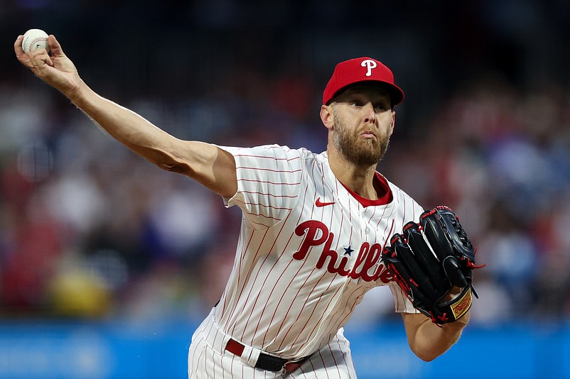 Apr 2, 2025; Philadelphia, Pennsylvania, USA; Philadelphia Phillies pitcher Zack Wheeler (45) throws a pitch during the second inning against the Colorado Rockies at Citizens Bank Park. Mandatory Credit: Bill Streicher-Imagn Images