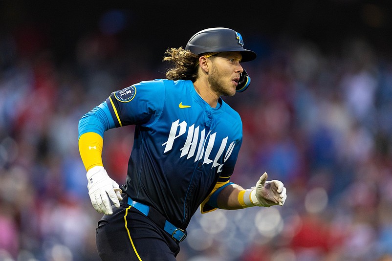 Apr 19, 2024; Philadelphia, Pennsylvania, USA; Philadelphia Phillies third base Alec Bohm (28) runs the bases after hitting a three RBI home run during the first inning against the Chicago White Sox at Citizens Bank Park. Mandatory Credit: Bill Streicher-USA TODAY Sports