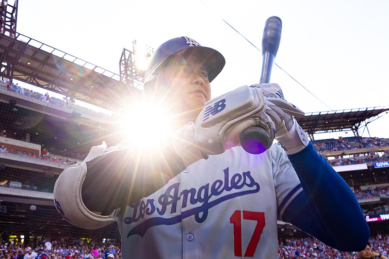 Jul 11, 2024; Philadelphia, Pennsylvania, USA; Los Angeles Dodgers two-way player Shohei Ohtani (17) prepares to bat during the first inning against the Philadelphia Phillies at Citizens Bank Park. Mandatory Credit: Bill Streicher-USA TODAY Sports
