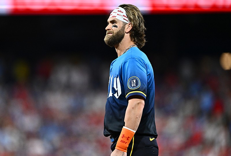 Jun 21, 2024; Philadelphia, Pennsylvania, USA; Philadelphia Phillies first baseman Bryce Harper (3) looks on against the Arizona Diamondbacks after the seventh inning at Citizens Bank Park. Mandatory Credit: Kyle Ross-USA TODAY Sports