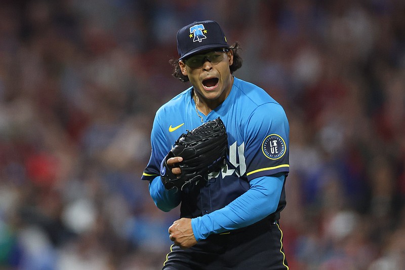 Apr 4, 2025; Philadelphia, Pennsylvania, USA; Philadelphia Phillies pitcher Jesœs Luzardo (44) reacts after pitching out of the seventh inning against the Los Angeles Dodgers at Citizens Bank Park. Mandatory Credit: Bill Streicher-Imagn Images