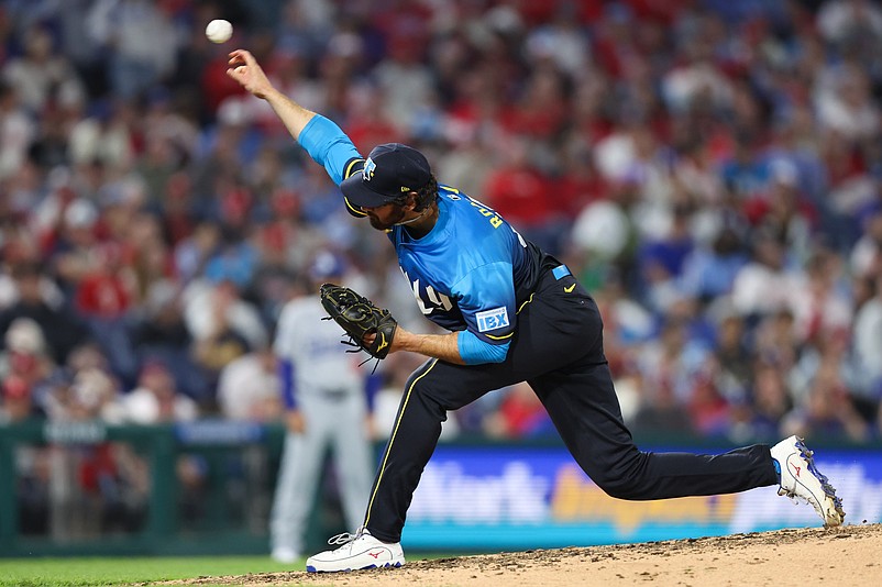 Apr 4, 2025; Philadelphia, Pennsylvania, USA; Philadelphia Phillies pitcher Jordan Romano (68) pitches against the Los Angeles Dodgers during the ninth inning inning at Citizens Bank Park. Mandatory Credit: Bill Streicher-Imagn Images