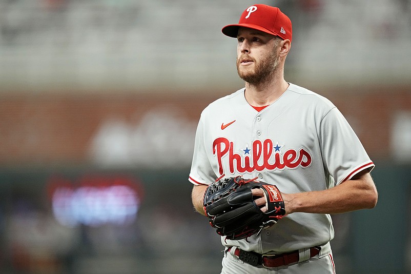 Oct 9, 2023; Cumberland, Georgia, USA; Philadelphia Phillies starting pitcher Zack Wheeler (45) is pulled from the game during the seventh inning against the Atlanta Braves in game two of the NLDS for the 2023 MLB playoffs at Truist Park. Mandatory Credit: Dale Zanine-USA TODAY Sports