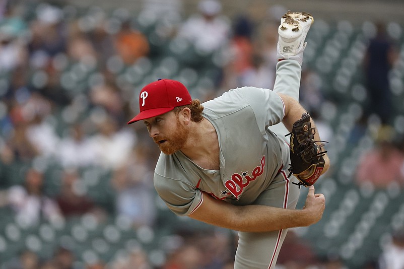 Jun 26, 2024; Detroit, Michigan, USA;  Philadelphia Phillies relief pitcher Spencer Turnbull (22) delivers against the Detroit Tigers in the first inning at Comerica Park. Mandatory Credit: Rick Osentoski-USA TODAY Sports