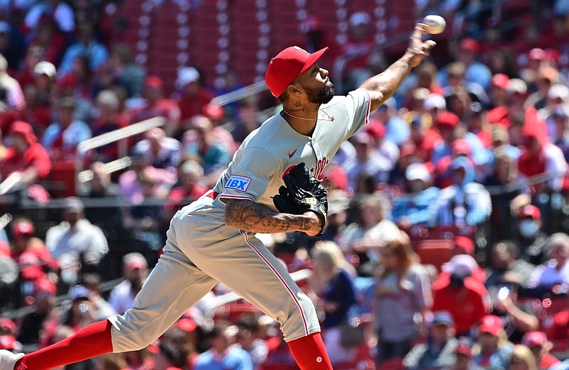 Apr 12, 2025; St. Louis, Missouri, USA; Philadelphia Phillies pitcher Cristopher Sanchez (61) pitches in the first inning at Busch Stadium. Mandatory Credit: Tim Vizer-Imagn Images