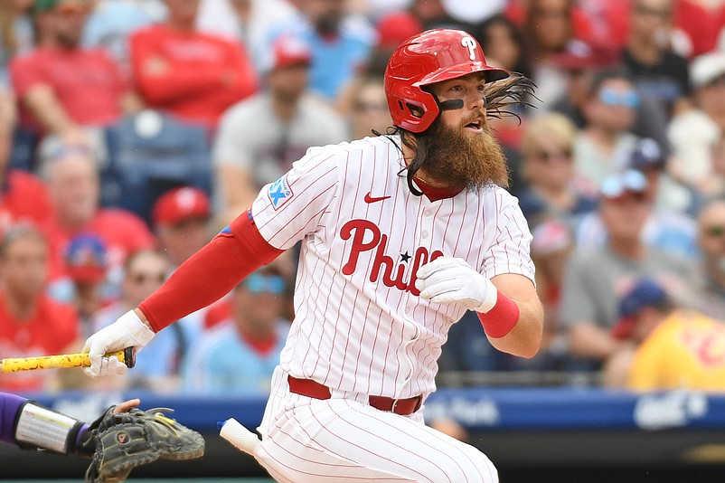 Mar 31, 2025; Philadelphia, Pennsylvania, USA; Philadelphia Phillies outfielder Brandon Marsh (16) against the Colorado Rockies at Citizens Bank Park. Mandatory Credit: Eric Hartline-Imagn Images