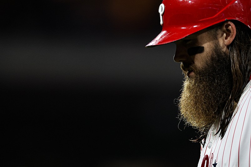 Sep 9, 2024; Philadelphia, Pennsylvania, USA; Philadelphia Phillies outfielder Brandon Marsh (16) in a game against the Tampa Bay Rays at Citizens Bank Park. Mandatory Credit: Bill Streicher-Imagn Images