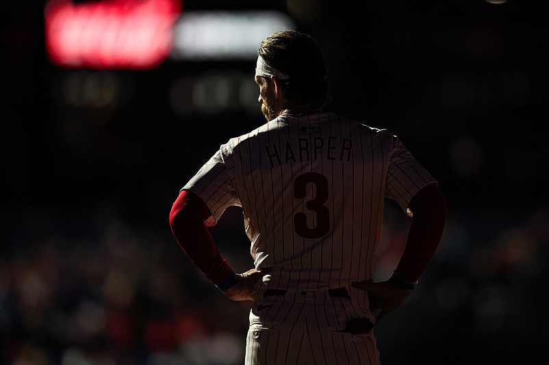 Apr 2, 2025; Philadelphia, Pennsylvania, USA; Philadelphia Phillies first base Bryce Harper (3) looks on during the ninth inning against the Colorado Rockies at Citizens Bank Park. Mandatory Credit: Bill Streicher-Imagn Images