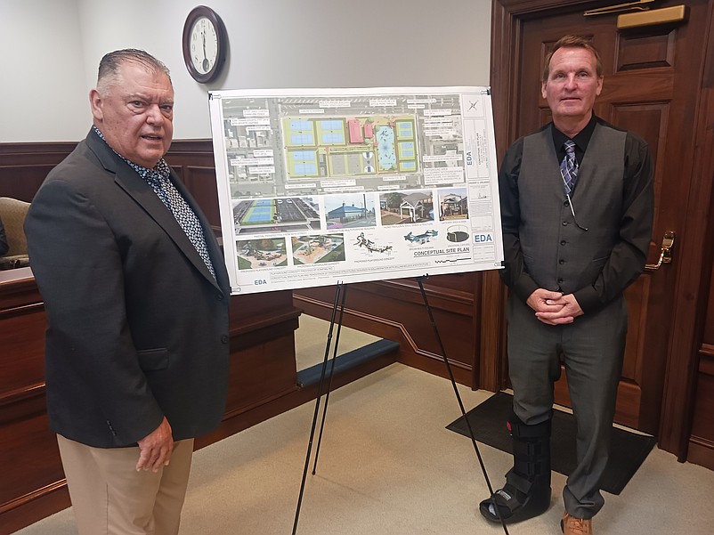 Architect Vince Orlando of Engineering Design Associates and Ocean City Mayor Jay Gillian stand next to a rendering of the 34th Street playground project.