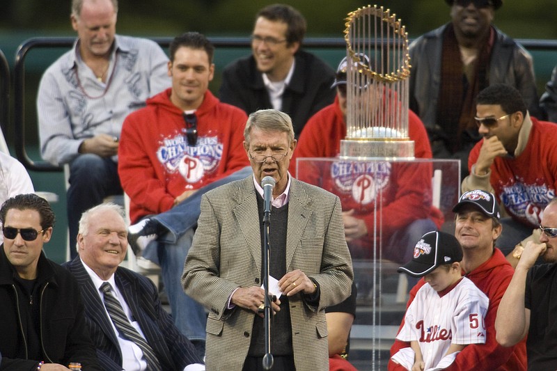 Oct 31, 2008; Philadelphia, PA, USA; Philadelphia Phillies announcer Harry Kalas addresses the fans during the post-parade celebration at Citizens Bank Park in Philadelphia, PA. Mandatory Credit: Howard Smith-USA TODAY Sports