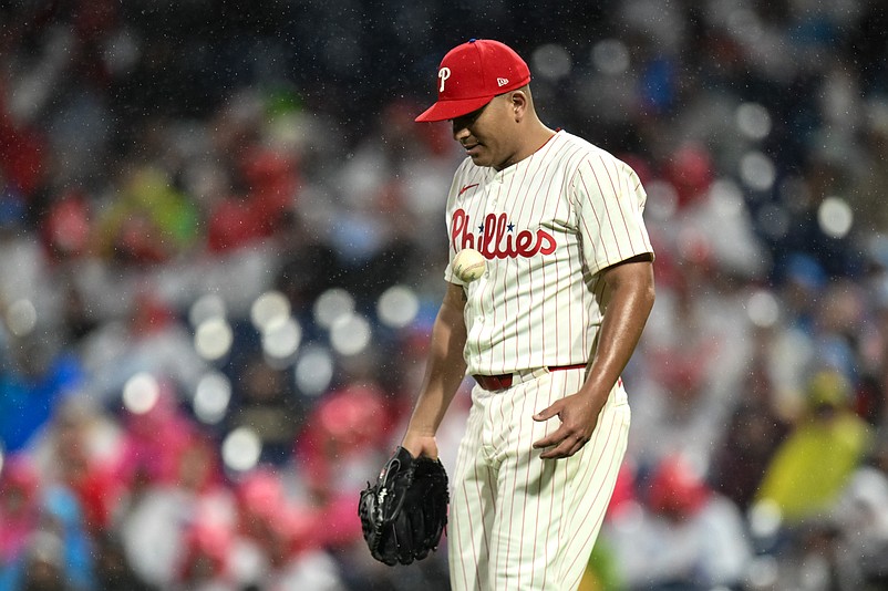 May 4, 2024; Philadelphia, Pennsylvania, USA; Philadelphia Phillies pitcher Ranger Suarez (55) reacts during the fourth inning against the San Francisco Giants at Citizens Bank Park. Mandatory Credit: John Jones-USA TODAY Sports