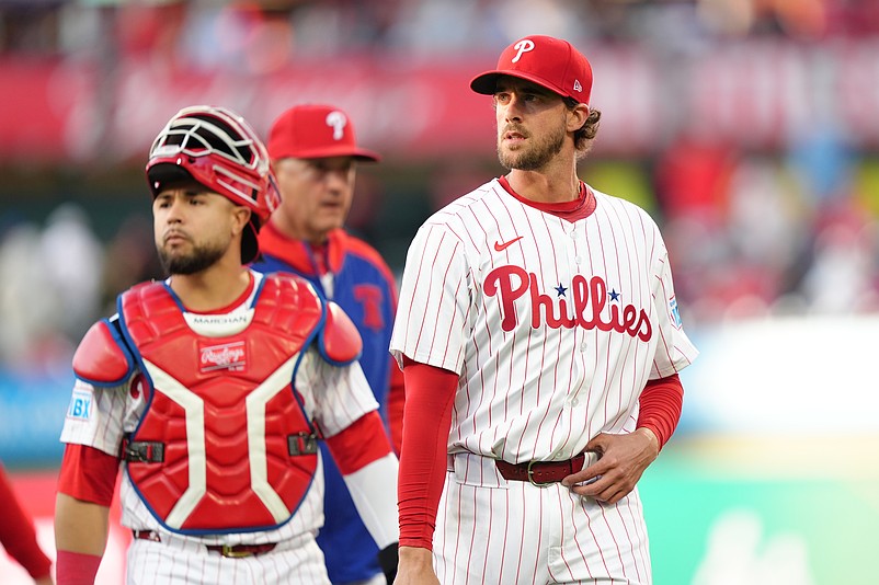 Apr 16, 2025; Philadelphia, Pennsylvania, USA; Philadelphia Phillies starting pitcher Aaron Nola (27) looks on before the game against the San Francisco Giants at Citizens Bank Park. Mandatory Credit: Kyle Ross-Imagn Images