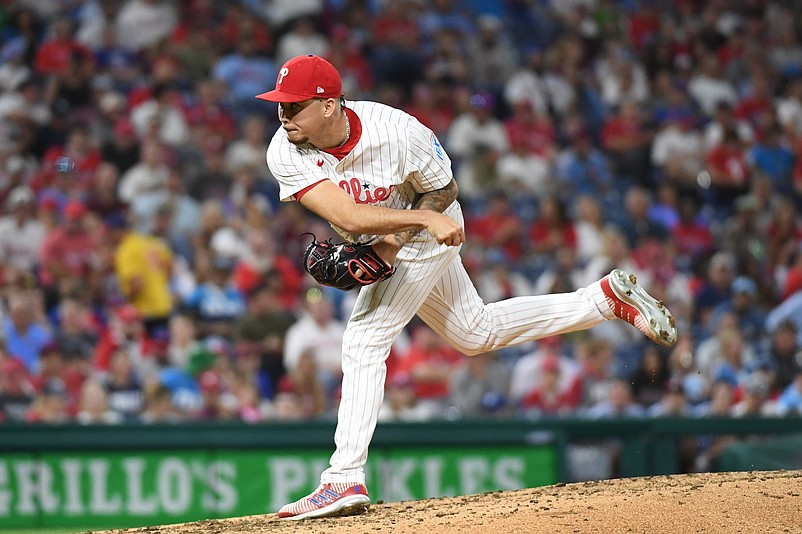 Sep 10, 2024; Philadelphia, Pennsylvania, USA; Philadelphia Phillies pitcher Orion Kerkering (50) throws a pitch during the sixth inning against the Tampa Bay Rays at Citizens Bank Park. Mandatory Credit: Eric Hartline-Imagn Images