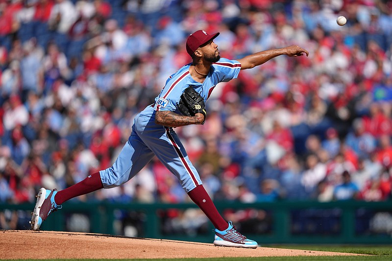 Apr 17, 2025; Philadelphia, Pennsylvania, USA; Philadelphia Phillies starting pitcher Cristopher Sanchez (61) throws a pitch against the San Francisco Giants in the first inning at Citizens Bank Park. Mandatory Credit: Kyle Ross-Imagn Images