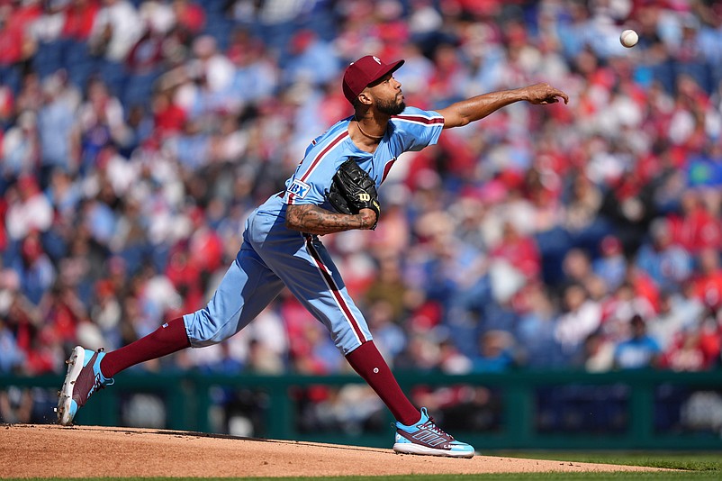 Apr 17, 2025; Philadelphia, Pennsylvania, USA; Philadelphia Phillies starting pitcher Cristopher Sanchez (61) throws a pitch against the San Francisco Giants in the first inning at Citizens Bank Park. Mandatory Credit: Kyle Ross-Imagn Images