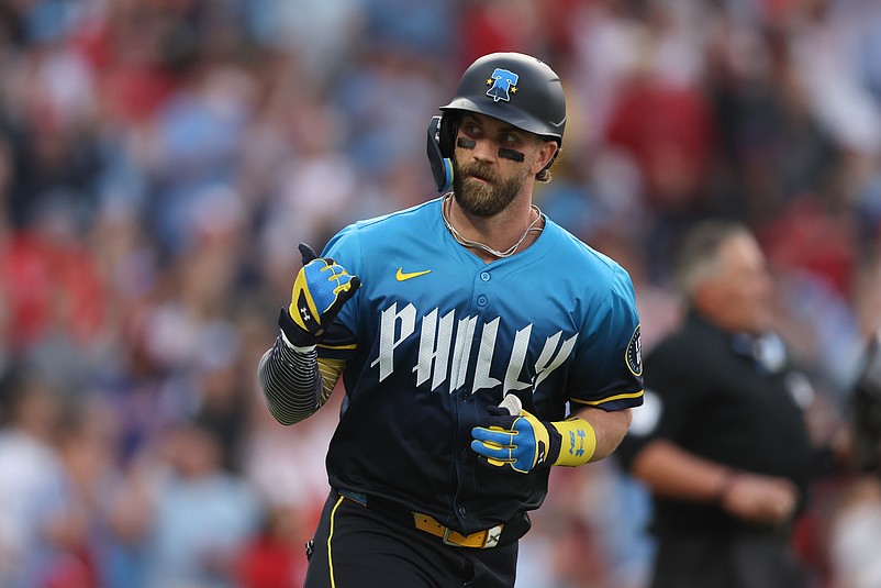 Apr 18, 2025; Philadelphia, Pennsylvania, USA; Philadelphia Phillies first base Bryce Harper (3) reacts as he runs the bases after hitting a two RBI home run against the Miami Marlins during the first inning at Citizens Bank Park. Mandatory Credit: Bill Streicher-Imagn Images