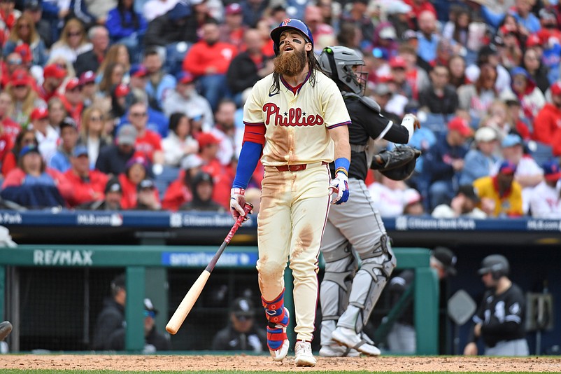 Apr 21, 2024; Philadelphia, Pennsylvania, USA; Philadelphia Phillies outfielder Brandon Marsh (16) reacts after striking out against the Chicago White Sox during the fourth inning at Citizens Bank Park. Mandatory Credit: Eric Hartline-USA TODAY Sports