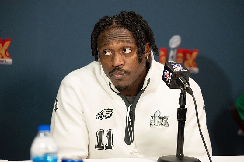 Feb 5, 2025; New Orleans, LA, USA; Philadelphia Eagles wide receiver A.J. Brown speaks with the media during a press conference at Hilton New Orleans Riverside. Mandatory Credit: Bill Streicher-Imagn Images
