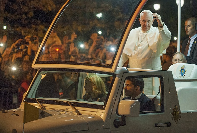 Pope Francis arrives to the Festival of Families held on the Benjamin Franklin Parkway in Philadelphia on Saturday, September 26, 2015.