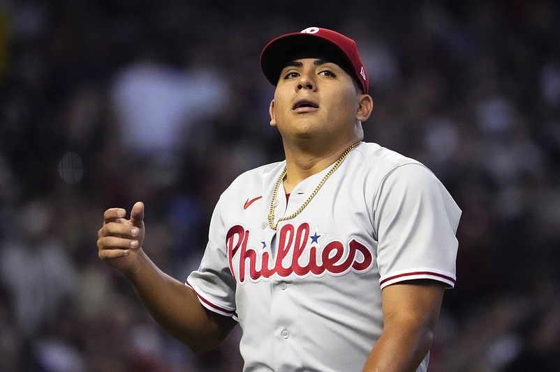 Philadelphia Phillies starting pitcher Ranger Suarez (55) walks to the dugout after a pitching change during the sixth inning against the Arizona Diamondbacks in game three of the NLCS of the 2023 MLB playoffs at Chase Field in Phoenix on Oct. 19, 2023.