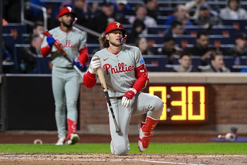 Apr 21, 2025; New York City, New York, USA; Philadelphia Phillies third baseman Alec Bohm (28) reacts after striking out during the third inning against the New York Mets at Citi Field. Mandatory Credit: John Jones-Imagn Images