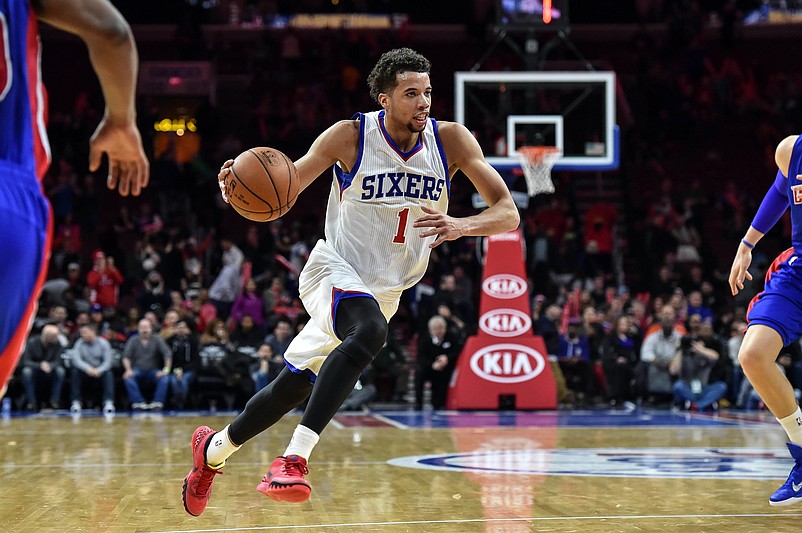 Jan 28, 2015; Philadelphia, PA, USA; Philadelphia 76ers guard Michael Carter-Williams (1) moves the ball up court during the fourth quarter of the game against the Detroit Pistons at the Wells Fargo Center. The Sixers beat the Pistons 89-69. Mandatory Credit: John Geliebter-Imagn Images