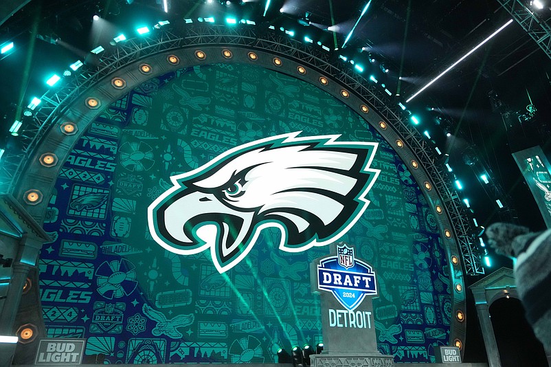 Apr 25, 2024; Detroit, MI, USA; A Philadelphia Eagles logo during the 2024 NFL Draft at Campus Martius Park and Hart Plaza. Mandatory Credit: Kirby Lee-USA TODAY Sports