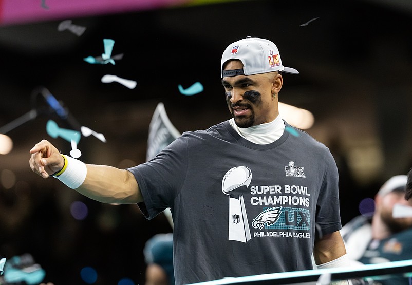 Feb 9, 2025; New Orleans, LA, USA; Philadelphia Eagles quarterback Jalen Hurts (1) celebrates after defeating the Kansas City Chiefs during Super Bowl LIX at Ceasars Superdome. Mandatory Credit: Mark J. Rebilas-Imagn Images