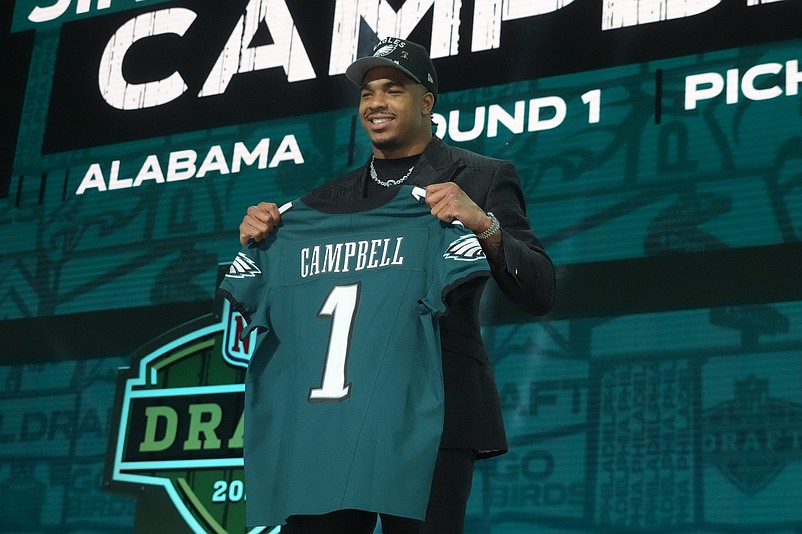 Apr 24, 2025; Green Bay, WI, USA; Alabama Crimson Tide linebacker Jihaad Campbell is selected by the Philadelphia Eagles as the number 31 pick in the first round of the 2025 NFL Draft at Lambeau Field. Mandatory Credit: Kirby Lee-Imagn Images