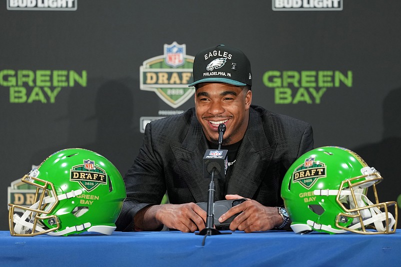 Apr 24, 2025; Green Bay, WI, USA; Jihaad Campbell speaks in a press conference after being selected by the Philadelphia Eagles as the number 31 pick in the first round of the 2025 NFL Draft at Lambeau Field. Mandatory Credit: Kirby Lee-Imagn Images