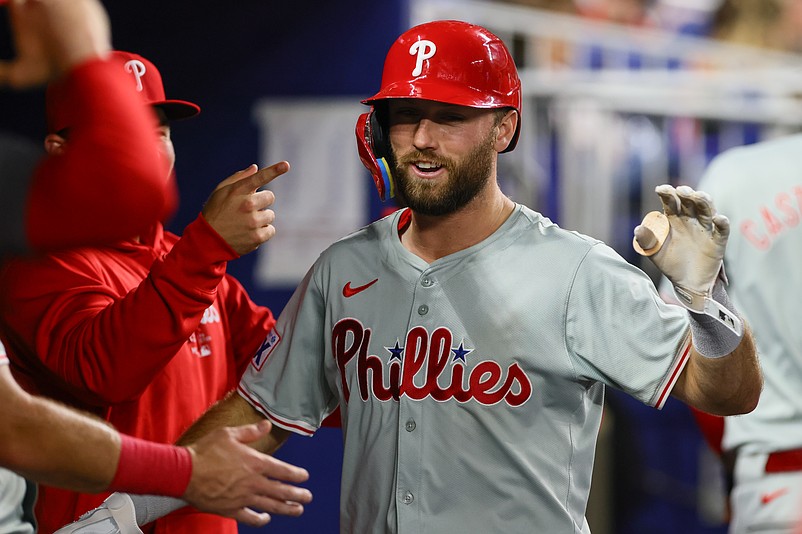 Sep 6, 2024; Miami, Florida, USA; Philadelphia Phillies third baseman Kody Clemens (2) celebrates after scoring against the Miami Marlins during the fifth inning at loanDepot Park. Mandatory Credit: Sam Navarro-Imagn Images