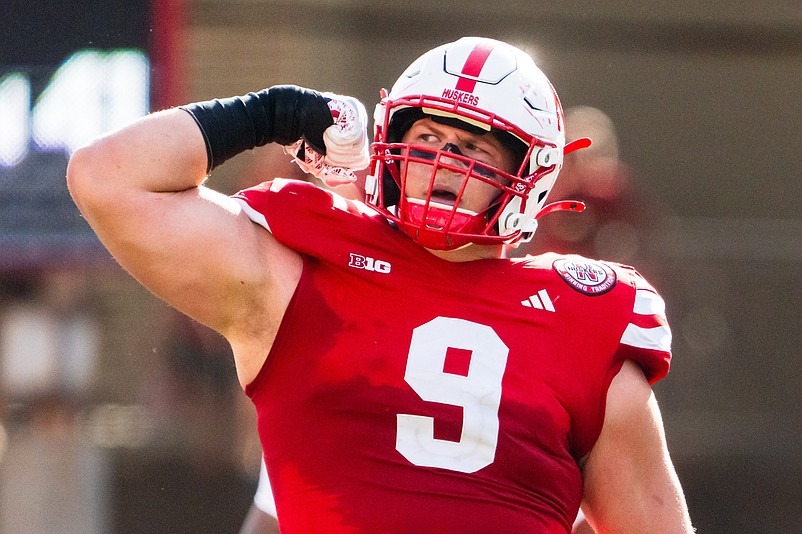 Oct 5, 2024; Lincoln, Nebraska, USA; Nebraska Cornhuskers defensive lineman Ty Robinson (9) celebrates after a sack against the Rutgers Scarlet Knights during the second quarter at Memorial Stadium. Mandatory Credit: Dylan Widger-Imagn Images