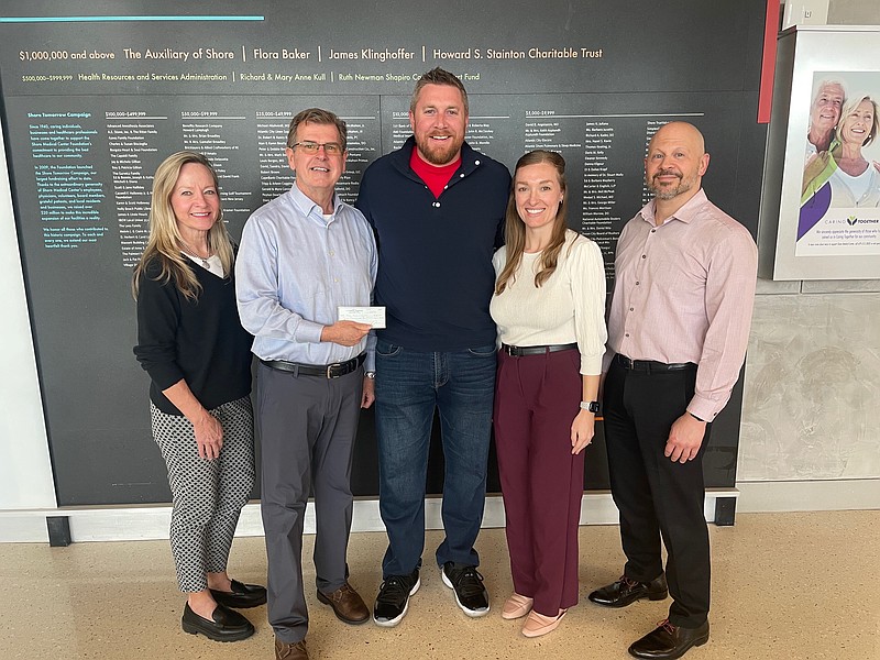 PROVIDED/Accepting a check from David Beyel Jr. is Mary McGuckin, director of planned giving and development; David Hughes, CEO and president of Shore Medical Center; Shannon Burke, PharmD, director of Pharmacy' and Matt Piskun, PharmD, vice president.